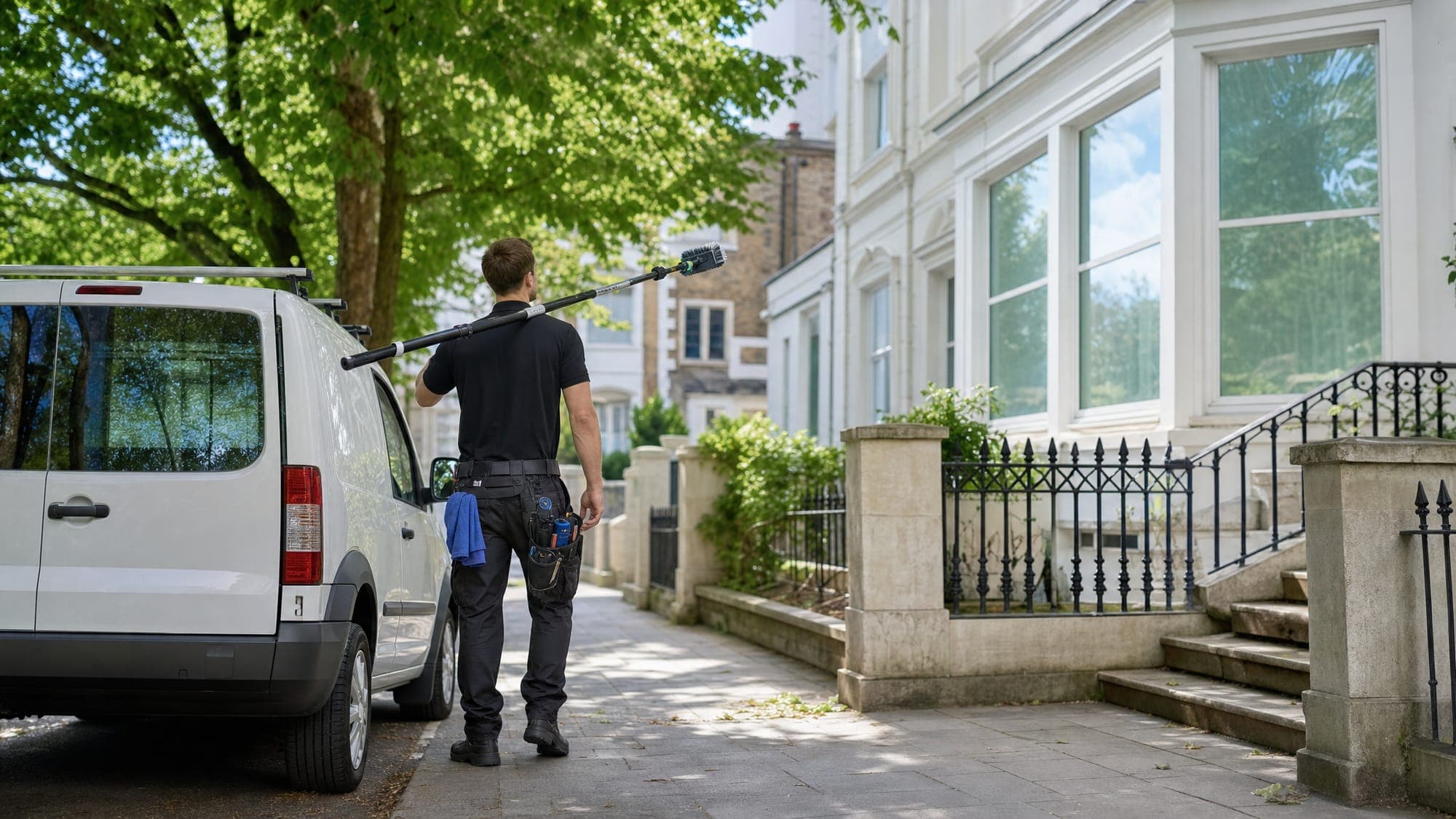 A Daz Shine window cleaner arriving at a Bristol home with a pure-water pole and van